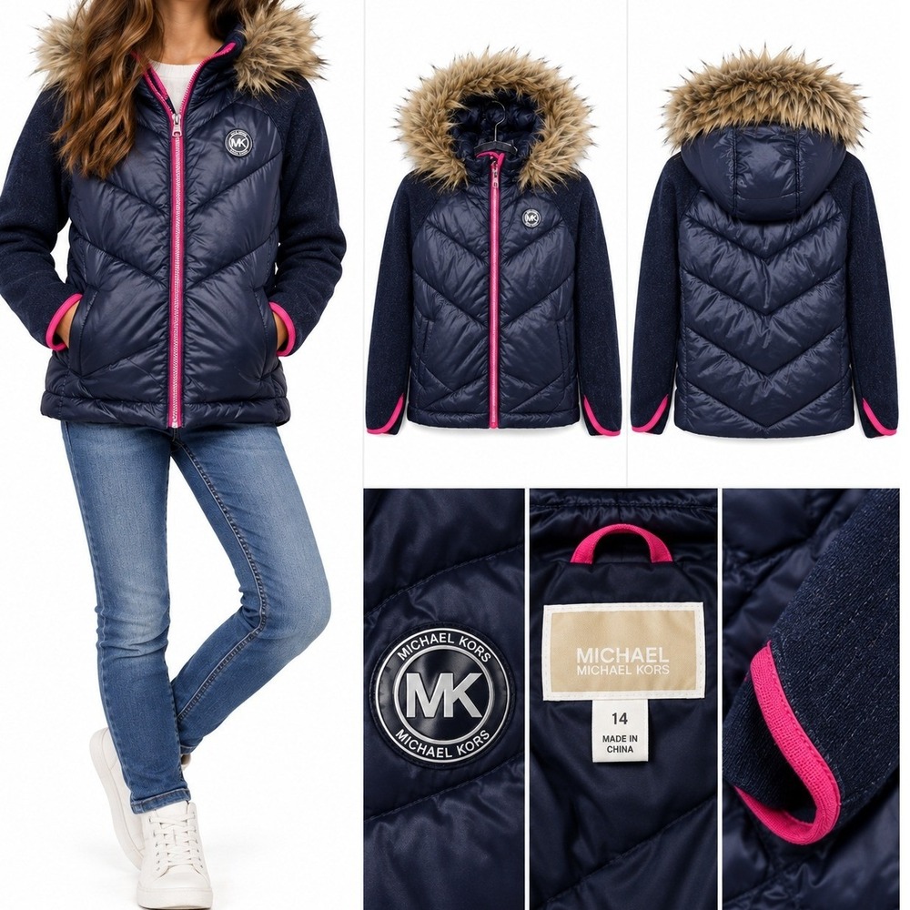 Michael Kors Girls Down Fill Puffer Jacket Fur Hood Navy Pink Size 14